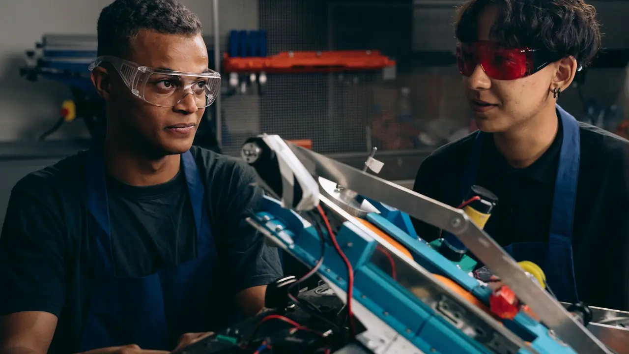 Ingénieurs de recherche travaillant ensemble sur un prototype