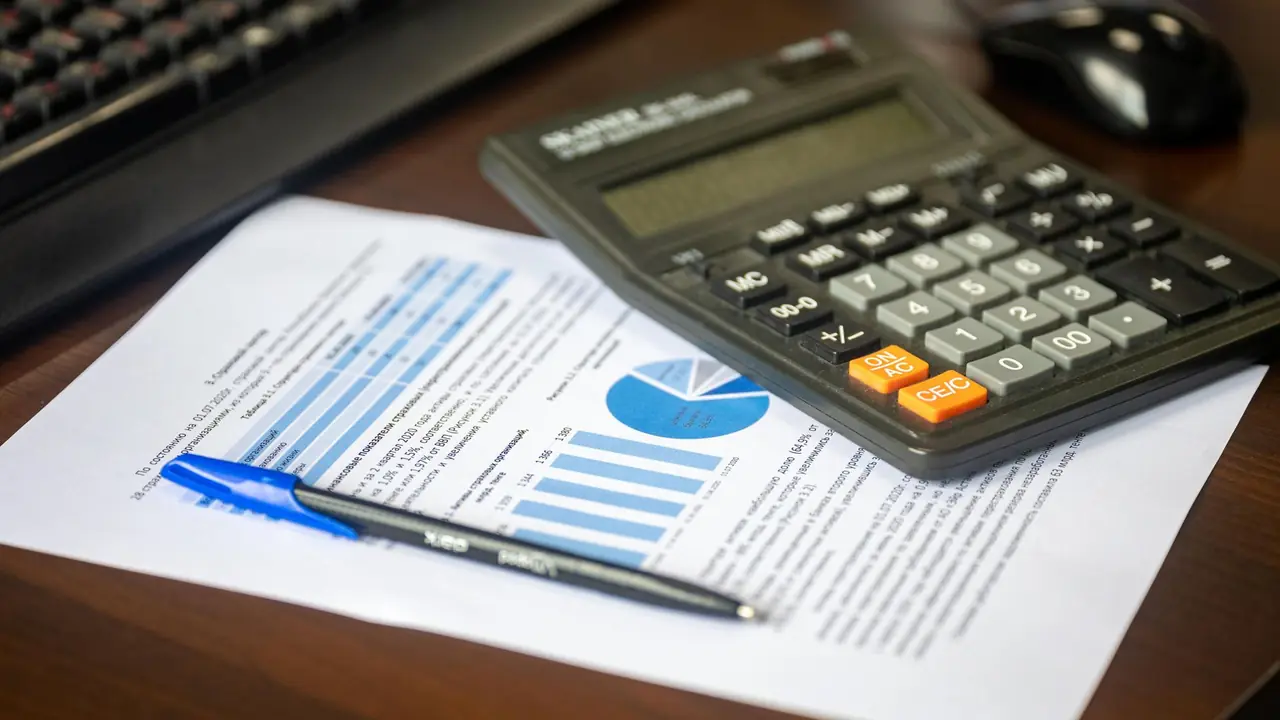 Calculatrice et rapport financier sur un bureau
